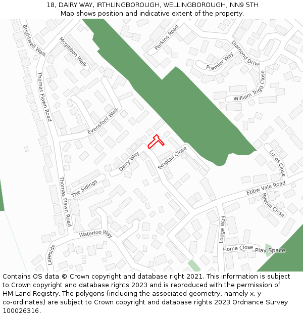 18, DAIRY WAY, IRTHLINGBOROUGH, WELLINGBOROUGH, NN9 5TH: Location map and indicative extent of plot