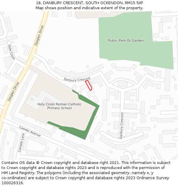 18, DANBURY CRESCENT, SOUTH OCKENDON, RM15 5XF: Location map and indicative extent of plot