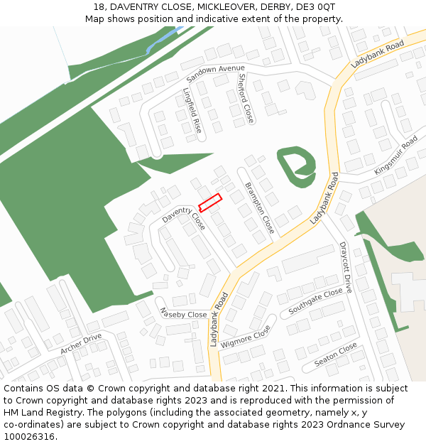 18, DAVENTRY CLOSE, MICKLEOVER, DERBY, DE3 0QT: Location map and indicative extent of plot