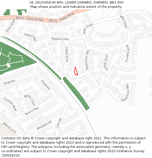 18, DELPHINIUM WAY, LOWER DARWEN, DARWEN, BB3 0SX: Location map and indicative extent of plot