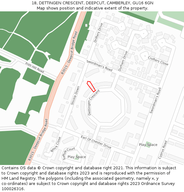 18, DETTINGEN CRESCENT, DEEPCUT, CAMBERLEY, GU16 6GN: Location map and indicative extent of plot