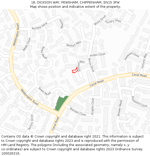 18, DICKSON WAY, PEWSHAM, CHIPPENHAM, SN15 3FW: Location map and indicative extent of plot