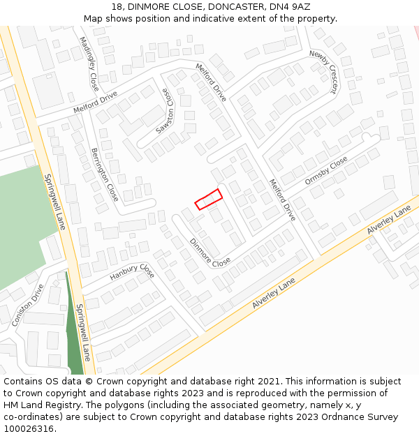 18, DINMORE CLOSE, DONCASTER, DN4 9AZ: Location map and indicative extent of plot