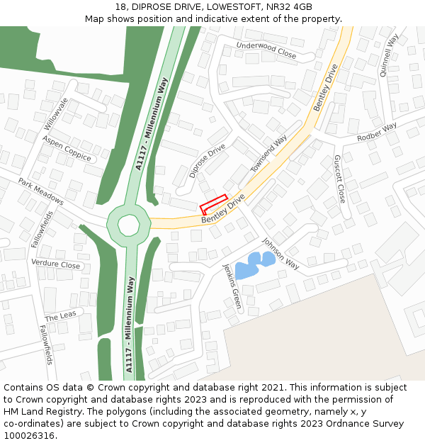 18, DIPROSE DRIVE, LOWESTOFT, NR32 4GB: Location map and indicative extent of plot