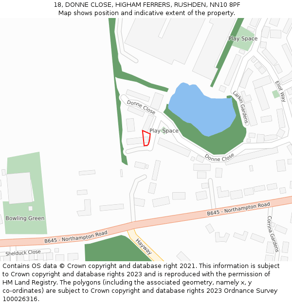 18, DONNE CLOSE, HIGHAM FERRERS, RUSHDEN, NN10 8PF: Location map and indicative extent of plot