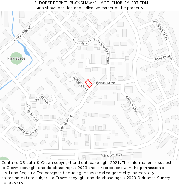 18, DORSET DRIVE, BUCKSHAW VILLAGE, CHORLEY, PR7 7DN: Location map and indicative extent of plot