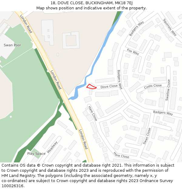 18, DOVE CLOSE, BUCKINGHAM, MK18 7EJ: Location map and indicative extent of plot