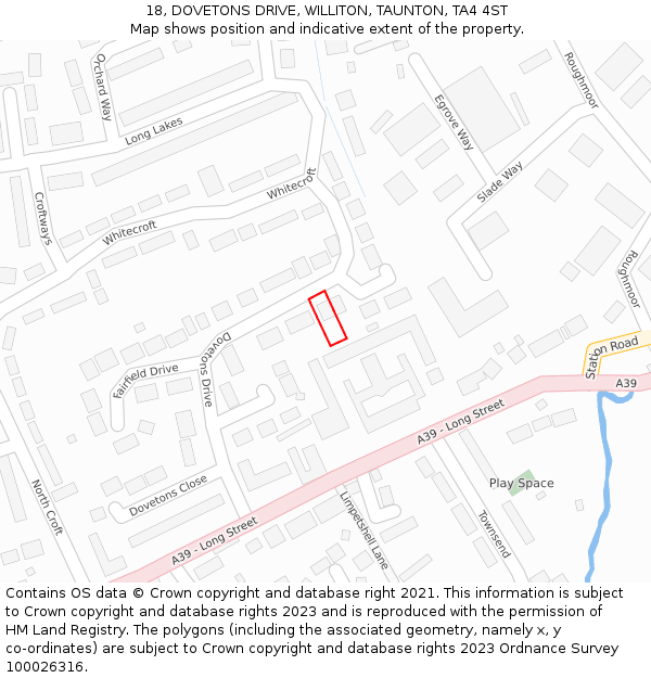 18, DOVETONS DRIVE, WILLITON, TAUNTON, TA4 4ST: Location map and indicative extent of plot