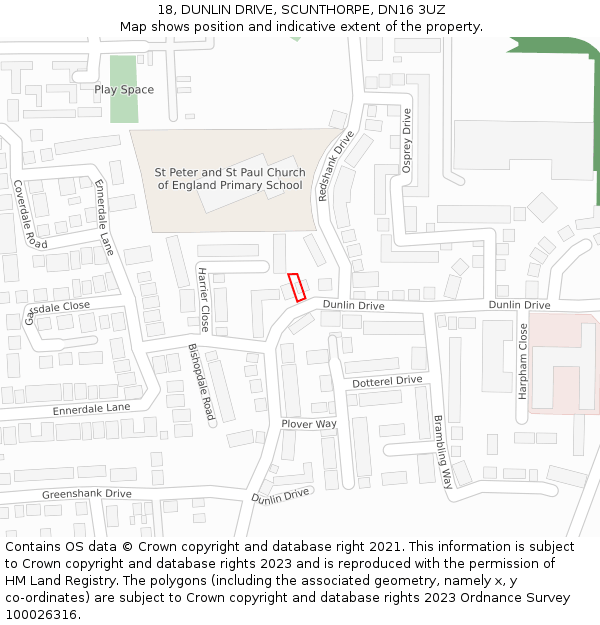 18, DUNLIN DRIVE, SCUNTHORPE, DN16 3UZ: Location map and indicative extent of plot