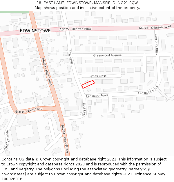 18, EAST LANE, EDWINSTOWE, MANSFIELD, NG21 9QW: Location map and indicative extent of plot