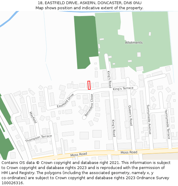 18, EASTFIELD DRIVE, ASKERN, DONCASTER, DN6 0NU: Location map and indicative extent of plot