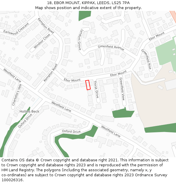 18, EBOR MOUNT, KIPPAX, LEEDS, LS25 7PA: Location map and indicative extent of plot