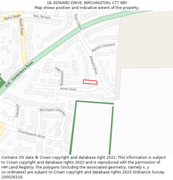 18, EDWARD DRIVE, BIRCHINGTON, CT7 9BY: Location map and indicative extent of plot