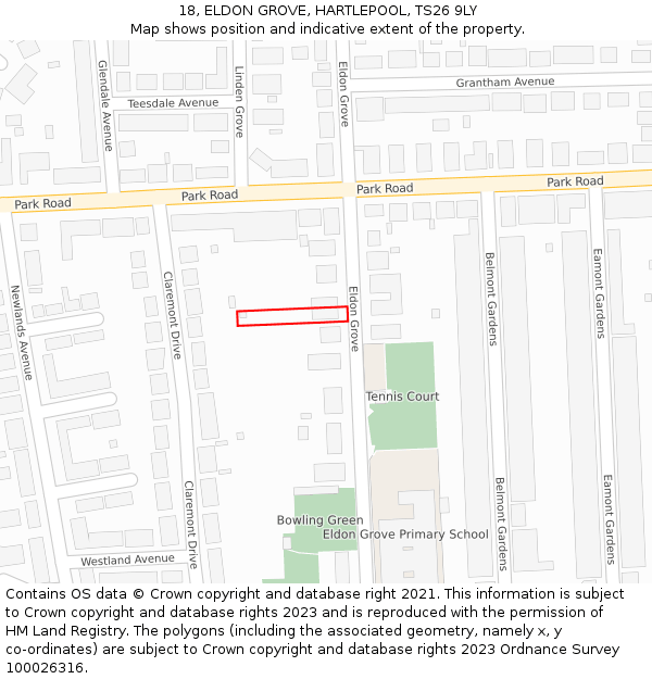18, ELDON GROVE, HARTLEPOOL, TS26 9LY: Location map and indicative extent of plot