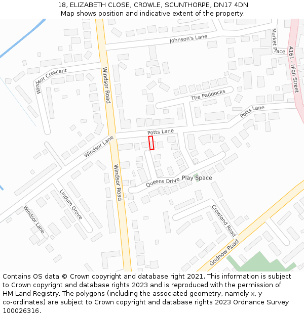 18, ELIZABETH CLOSE, CROWLE, SCUNTHORPE, DN17 4DN: Location map and indicative extent of plot