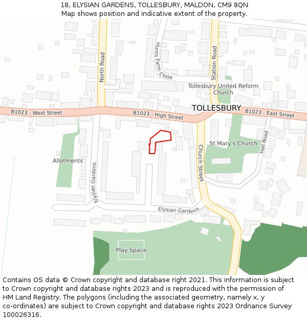 18, ELYSIAN GARDENS, TOLLESBURY, MALDON, CM9 8QN: Location map and indicative extent of plot