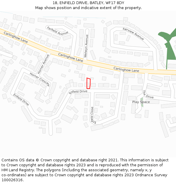 18, ENFIELD DRIVE, BATLEY, WF17 8DY: Location map and indicative extent of plot