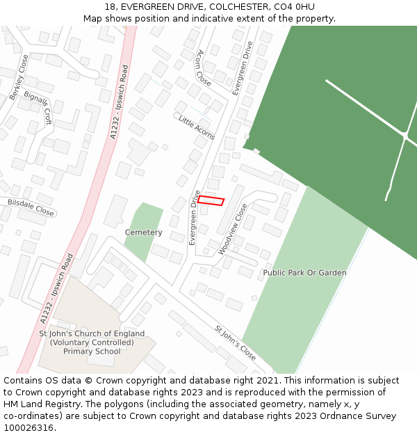 18, EVERGREEN DRIVE, COLCHESTER, CO4 0HU: Location map and indicative extent of plot