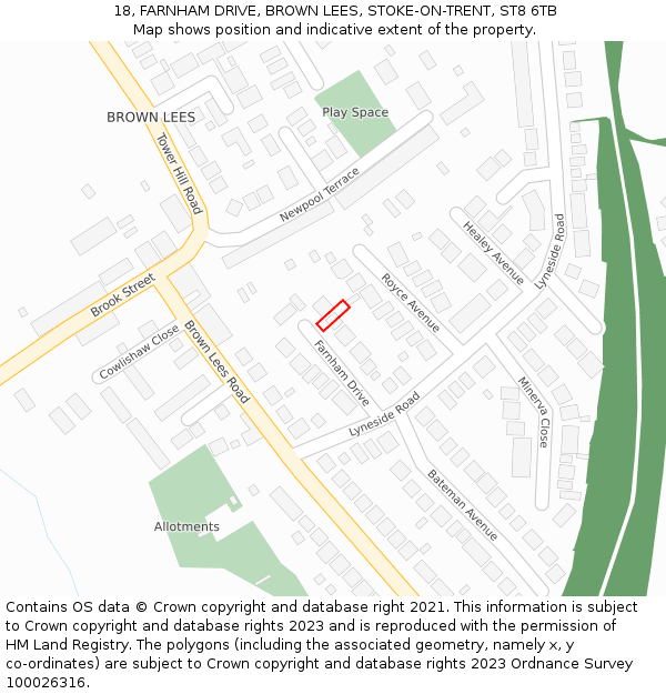 18, FARNHAM DRIVE, BROWN LEES, STOKE-ON-TRENT, ST8 6TB: Location map and indicative extent of plot