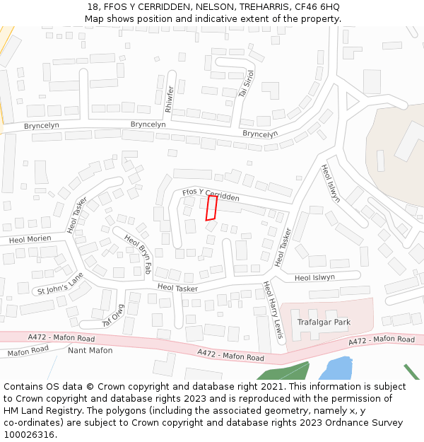 18, FFOS Y CERRIDDEN, NELSON, TREHARRIS, CF46 6HQ: Location map and indicative extent of plot