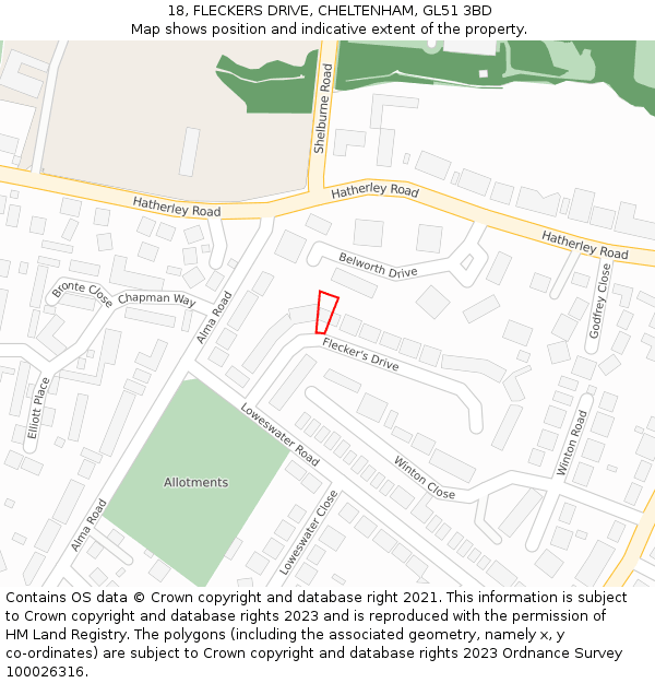 18, FLECKERS DRIVE, CHELTENHAM, GL51 3BD: Location map and indicative extent of plot