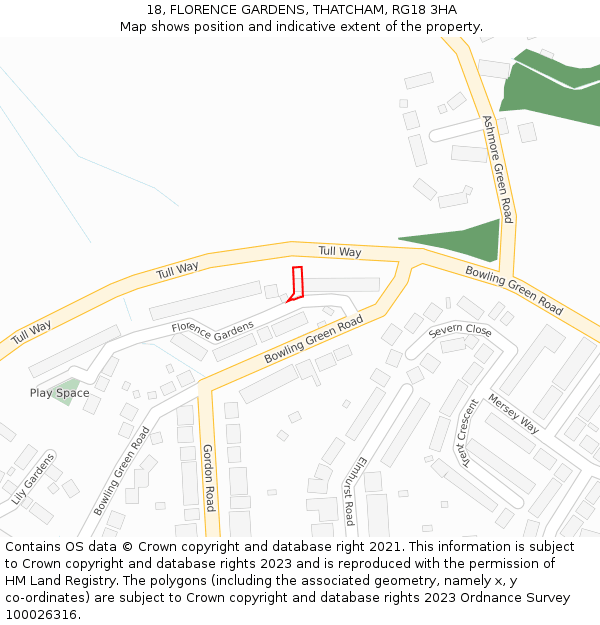 18, FLORENCE GARDENS, THATCHAM, RG18 3HA: Location map and indicative extent of plot