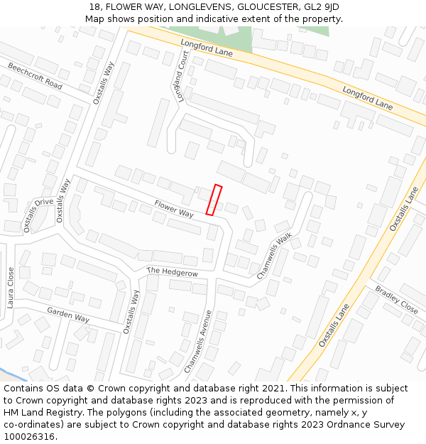 18, FLOWER WAY, LONGLEVENS, GLOUCESTER, GL2 9JD: Location map and indicative extent of plot
