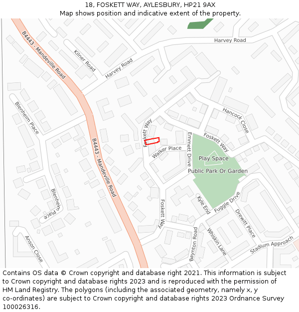 18, FOSKETT WAY, AYLESBURY, HP21 9AX: Location map and indicative extent of plot