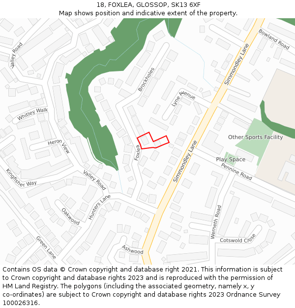 18, FOXLEA, GLOSSOP, SK13 6XF: Location map and indicative extent of plot