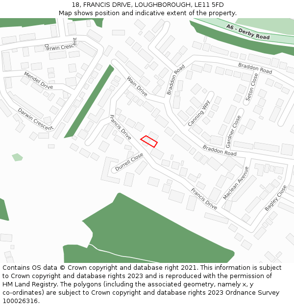 18, FRANCIS DRIVE, LOUGHBOROUGH, LE11 5FD: Location map and indicative extent of plot