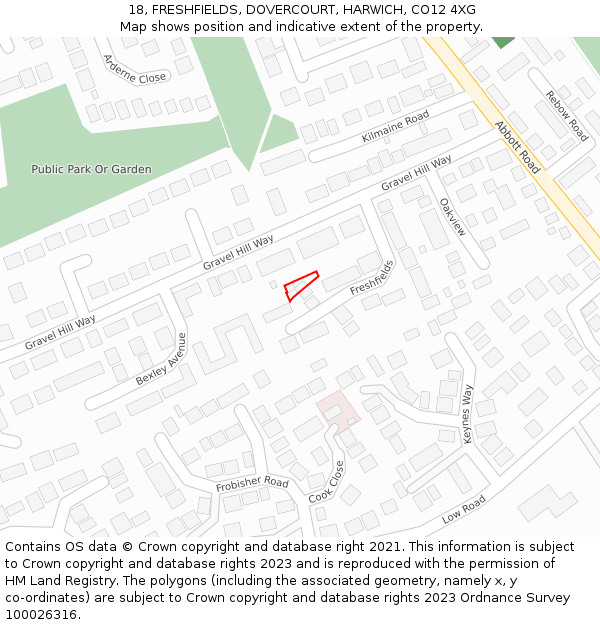 18, FRESHFIELDS, DOVERCOURT, HARWICH, CO12 4XG: Location map and indicative extent of plot