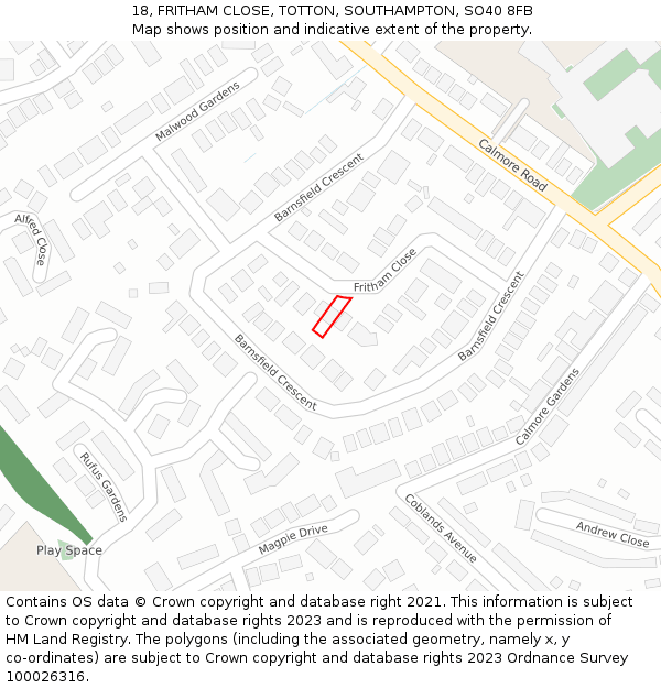 18, FRITHAM CLOSE, TOTTON, SOUTHAMPTON, SO40 8FB: Location map and indicative extent of plot