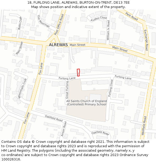 18, FURLONG LANE, ALREWAS, BURTON-ON-TRENT, DE13 7EE: Location map and indicative extent of plot