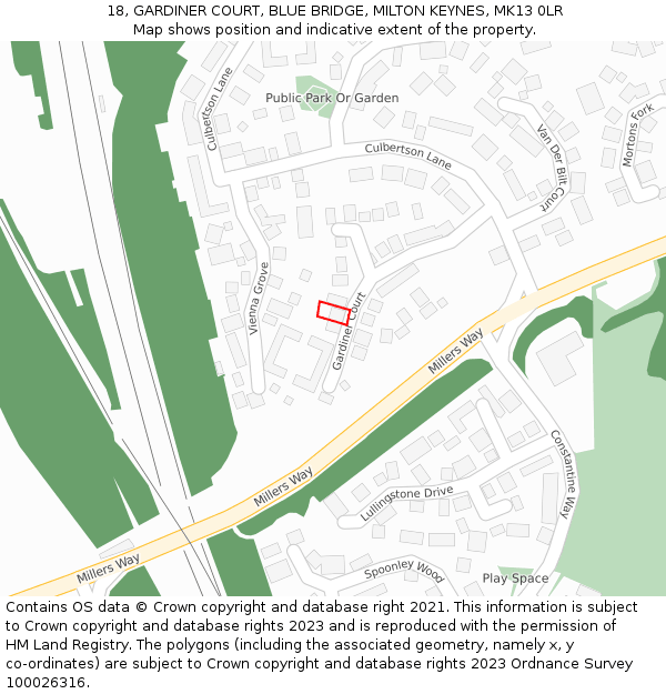 18, GARDINER COURT, BLUE BRIDGE, MILTON KEYNES, MK13 0LR: Location map and indicative extent of plot