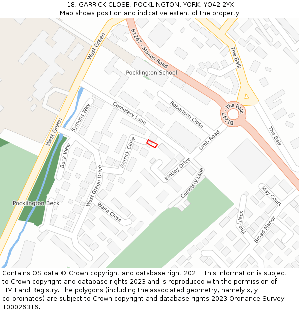 18, GARRICK CLOSE, POCKLINGTON, YORK, YO42 2YX: Location map and indicative extent of plot