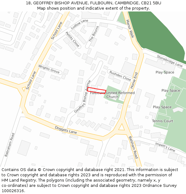 18, GEOFFREY BISHOP AVENUE, FULBOURN, CAMBRIDGE, CB21 5BU: Location map and indicative extent of plot