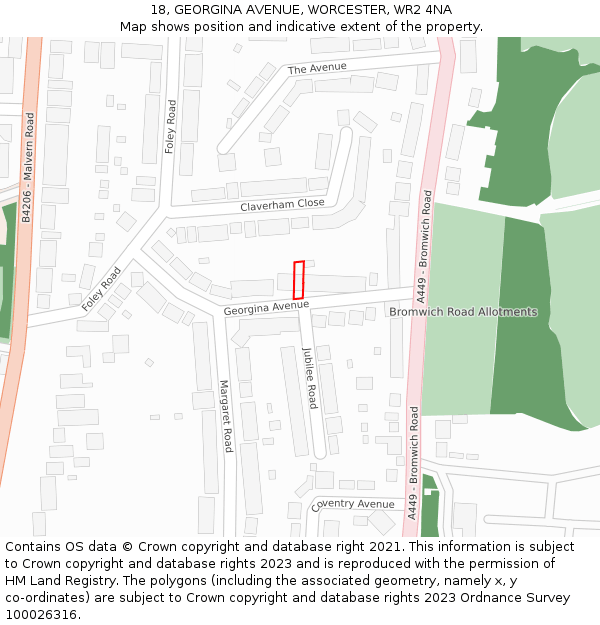 18, GEORGINA AVENUE, WORCESTER, WR2 4NA: Location map and indicative extent of plot