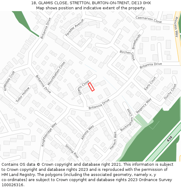 18, GLAMIS CLOSE, STRETTON, BURTON-ON-TRENT, DE13 0HX: Location map and indicative extent of plot