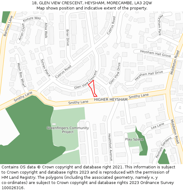 18, GLEN VIEW CRESCENT, HEYSHAM, MORECAMBE, LA3 2QW: Location map and indicative extent of plot