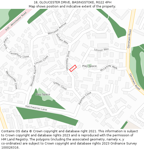 18, GLOUCESTER DRIVE, BASINGSTOKE, RG22 4PH: Location map and indicative extent of plot