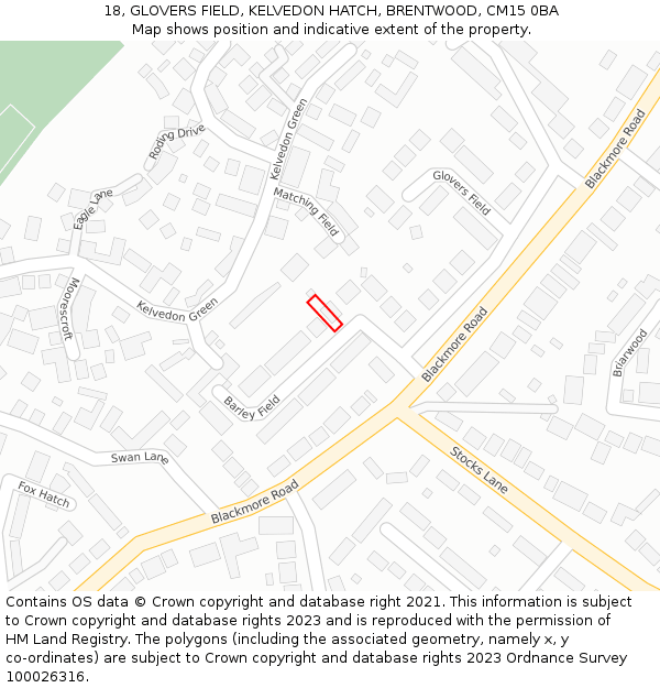 18, GLOVERS FIELD, KELVEDON HATCH, BRENTWOOD, CM15 0BA: Location map and indicative extent of plot