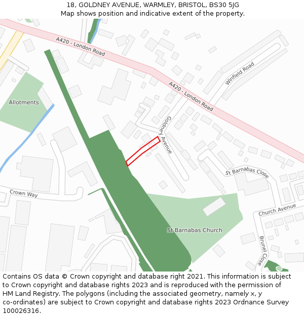 18, GOLDNEY AVENUE, WARMLEY, BRISTOL, BS30 5JG: Location map and indicative extent of plot