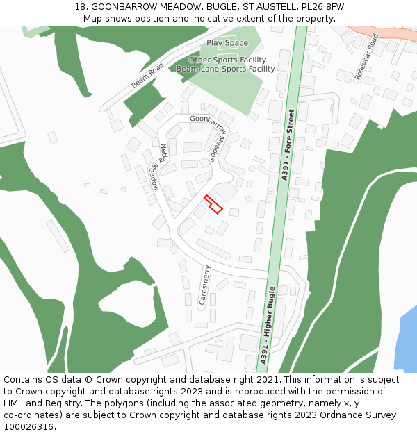 18, GOONBARROW MEADOW, BUGLE, ST AUSTELL, PL26 8FW: Location map and indicative extent of plot