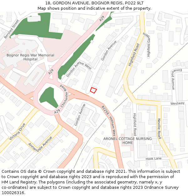 18, GORDON AVENUE, BOGNOR REGIS, PO22 9LT: Location map and indicative extent of plot