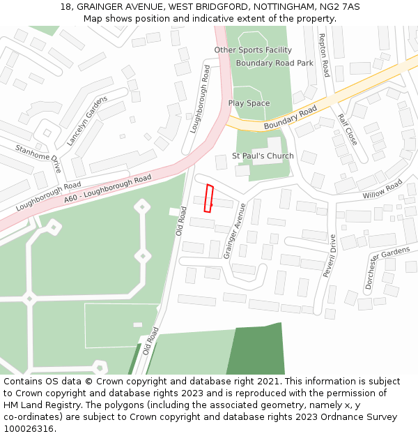 18, GRAINGER AVENUE, WEST BRIDGFORD, NOTTINGHAM, NG2 7AS: Location map and indicative extent of plot