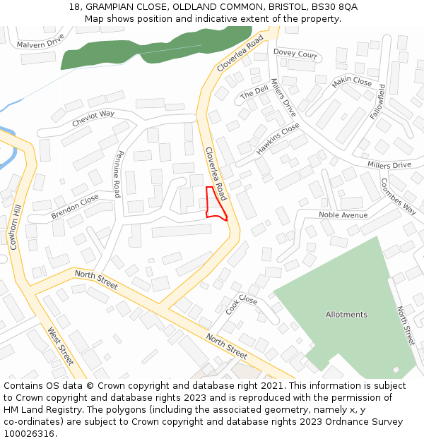 18, GRAMPIAN CLOSE, OLDLAND COMMON, BRISTOL, BS30 8QA: Location map and indicative extent of plot