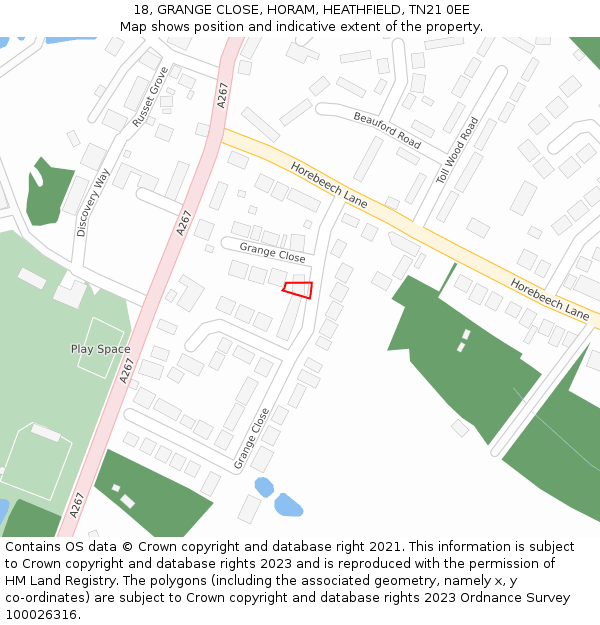 18, GRANGE CLOSE, HORAM, HEATHFIELD, TN21 0EE: Location map and indicative extent of plot