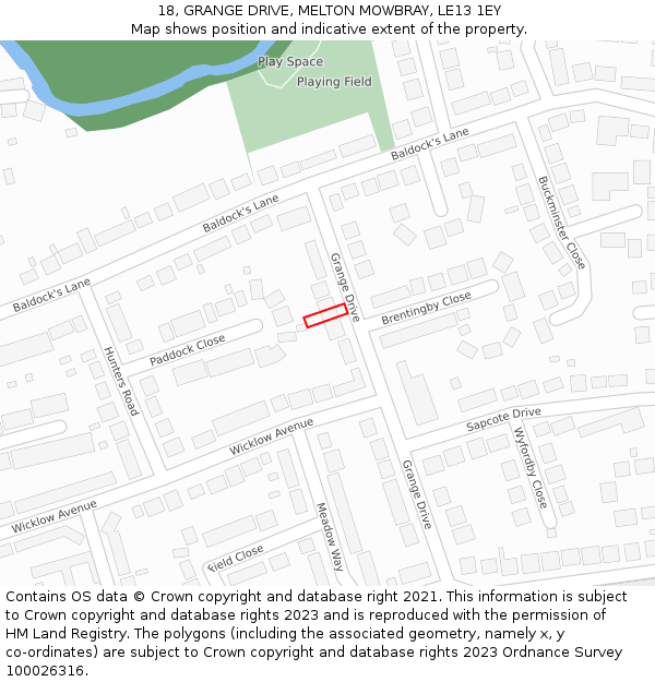 18, GRANGE DRIVE, MELTON MOWBRAY, LE13 1EY: Location map and indicative extent of plot