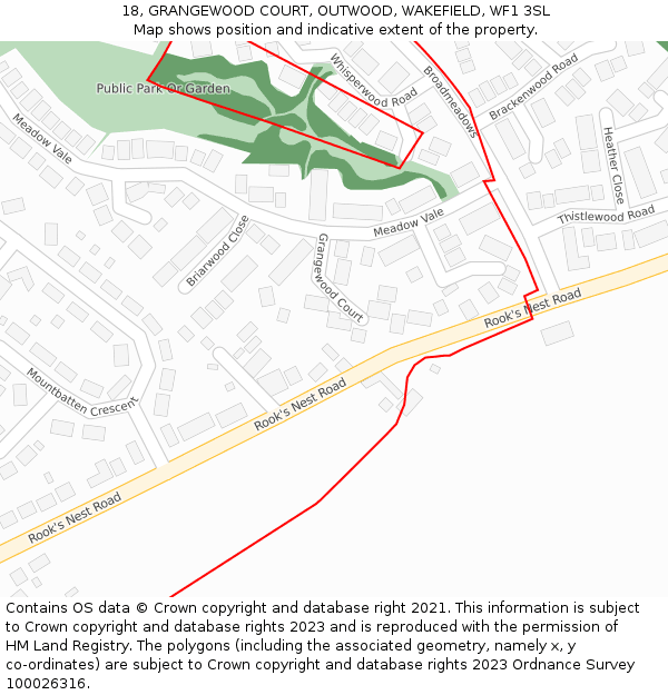 18, GRANGEWOOD COURT, OUTWOOD, WAKEFIELD, WF1 3SL: Location map and indicative extent of plot