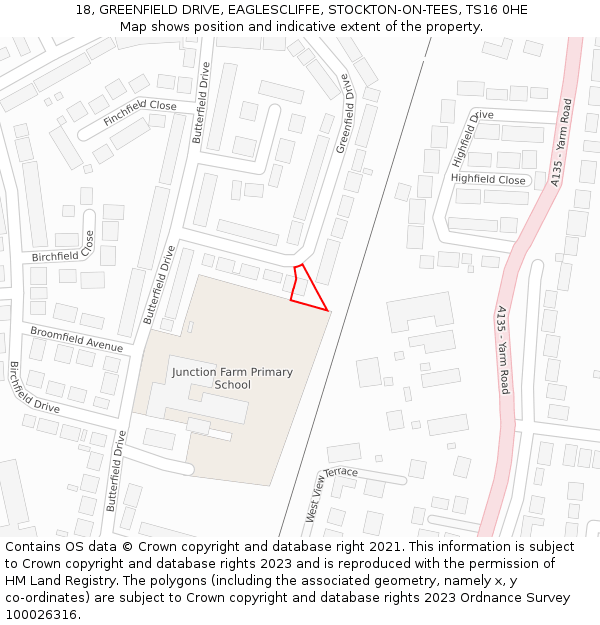 18, GREENFIELD DRIVE, EAGLESCLIFFE, STOCKTON-ON-TEES, TS16 0HE: Location map and indicative extent of plot